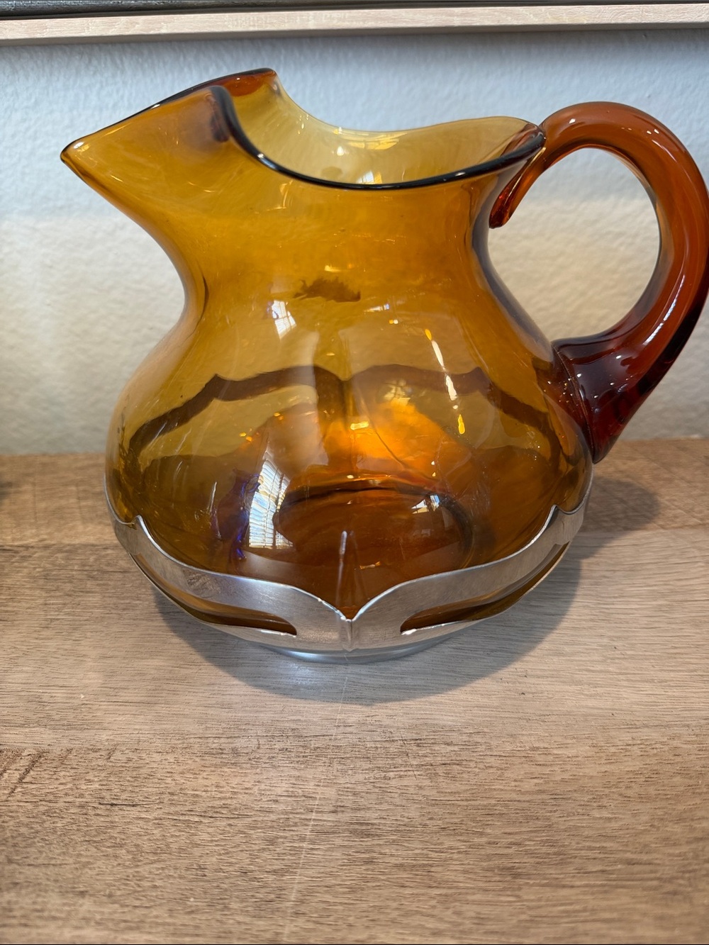 Vintage Amber Glass Pitcher with Silver-Tone Band